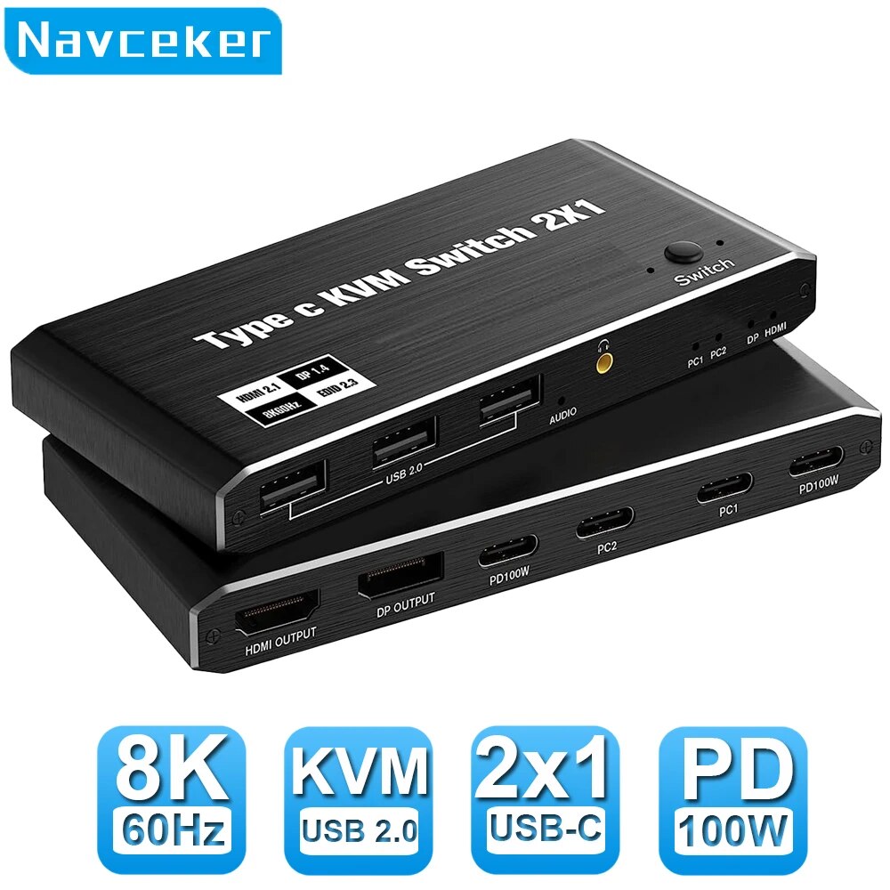 Navceker Ʈ 4 USB C KVM ġ, 2x1 8K, 100W PD , 4K 144Hz, CŸ KVM ġ ó, Ʈ ƺ 1 Ϳ